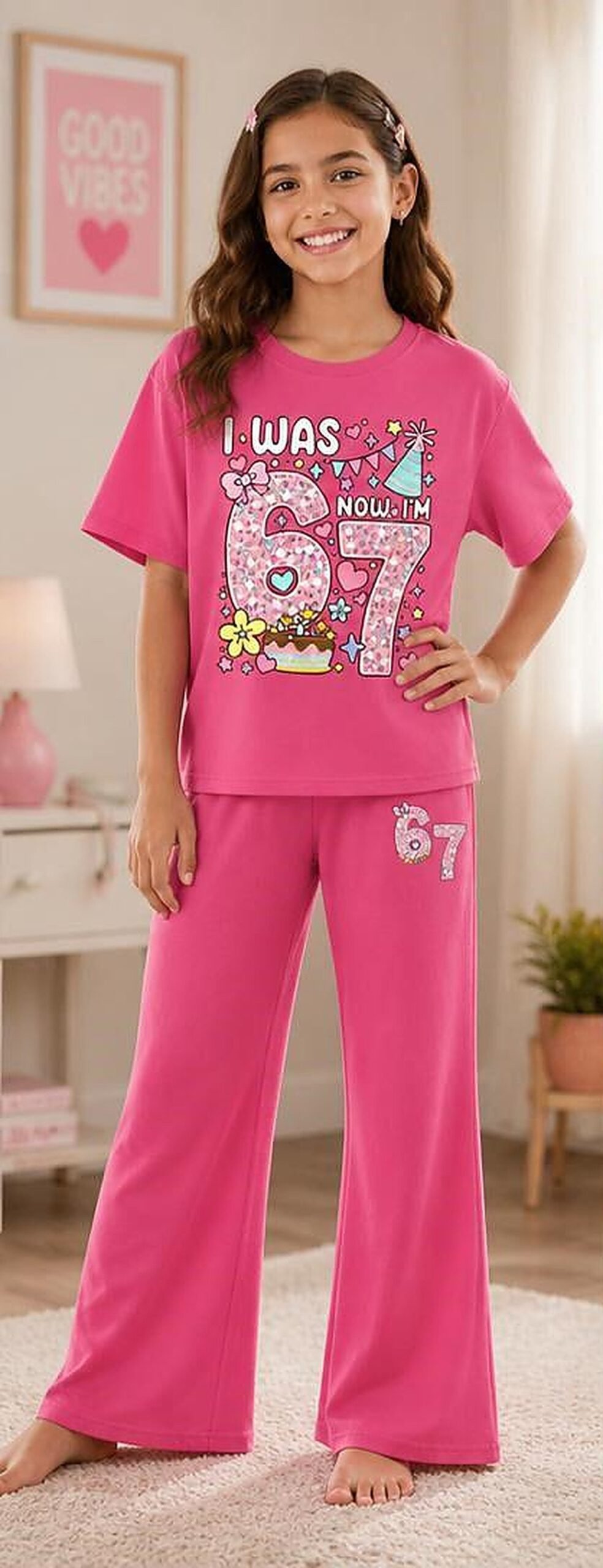 UniPosh Sparkle Lounge Pyjama Set — Bright Pink, worn view