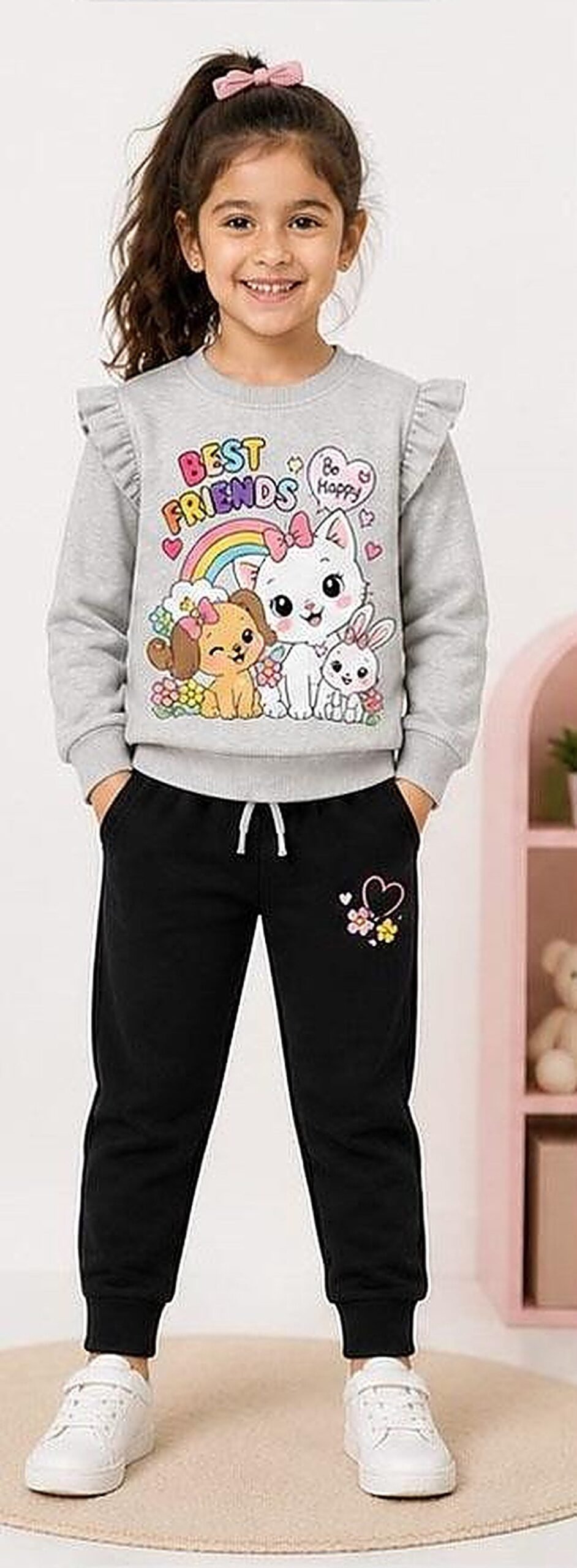 UniPosh Best Friends Sweatshirt Set — Grey Melange / Black, worn view