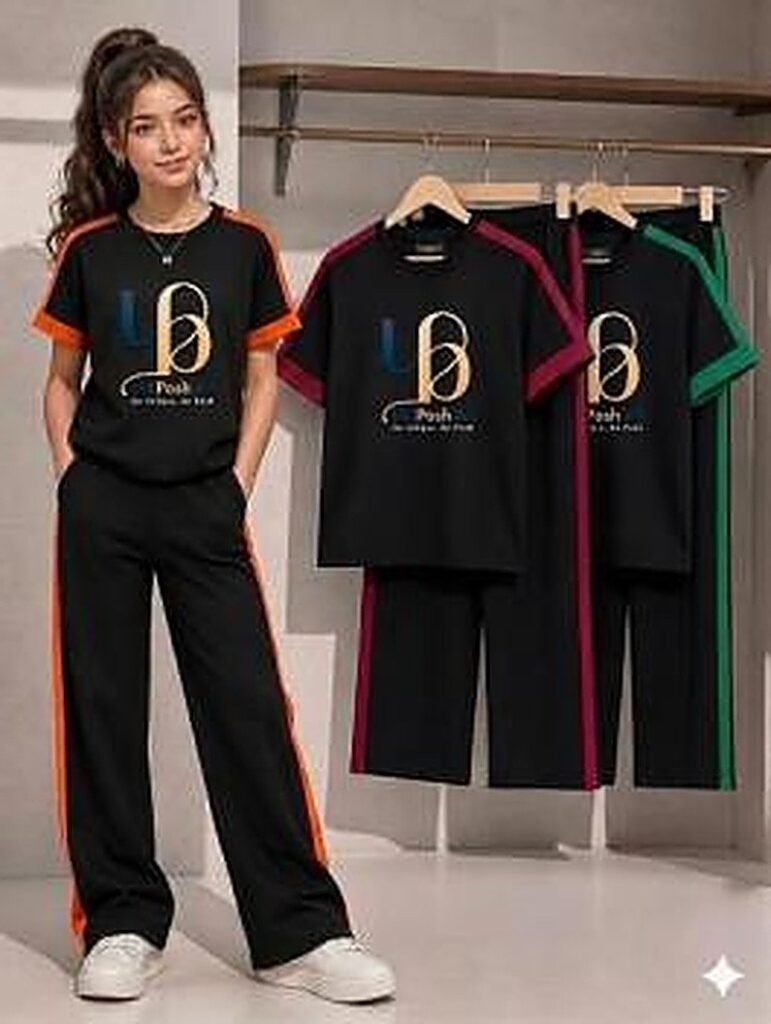 UniPosh UPK1042 Girls Fashion Twin Set - Black with Orange tape