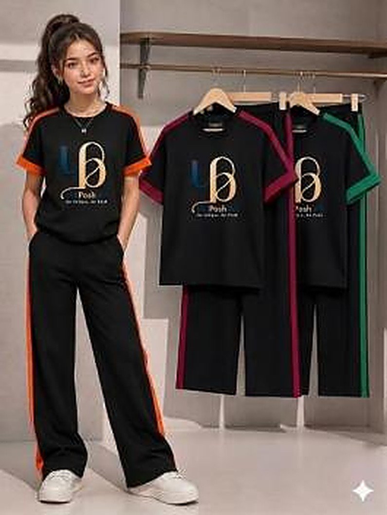 UniPosh Girls Fashion Twin Set — Black / Orange Tape, worn view