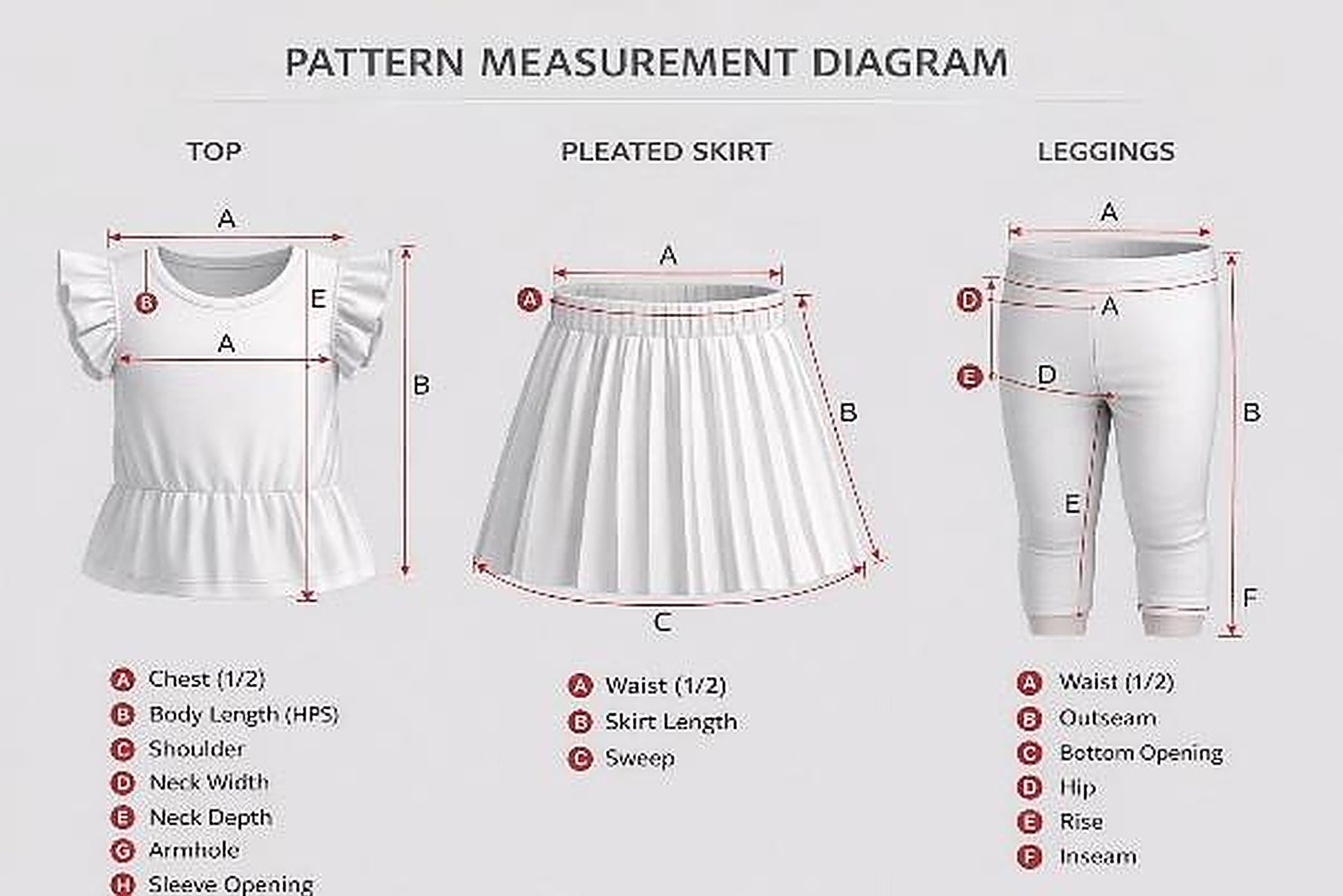 UniPosh UPK2001 three-piece pattern measurement diagram