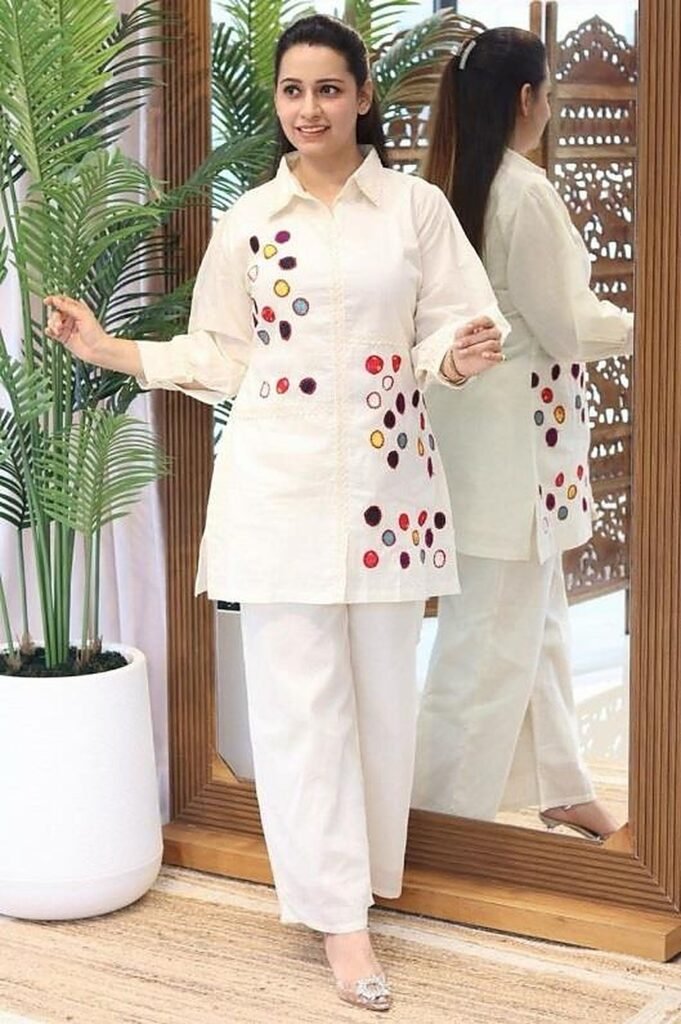 UniPosh UPK2005 Mirror-Work Kurti and Pant Set - Ivory