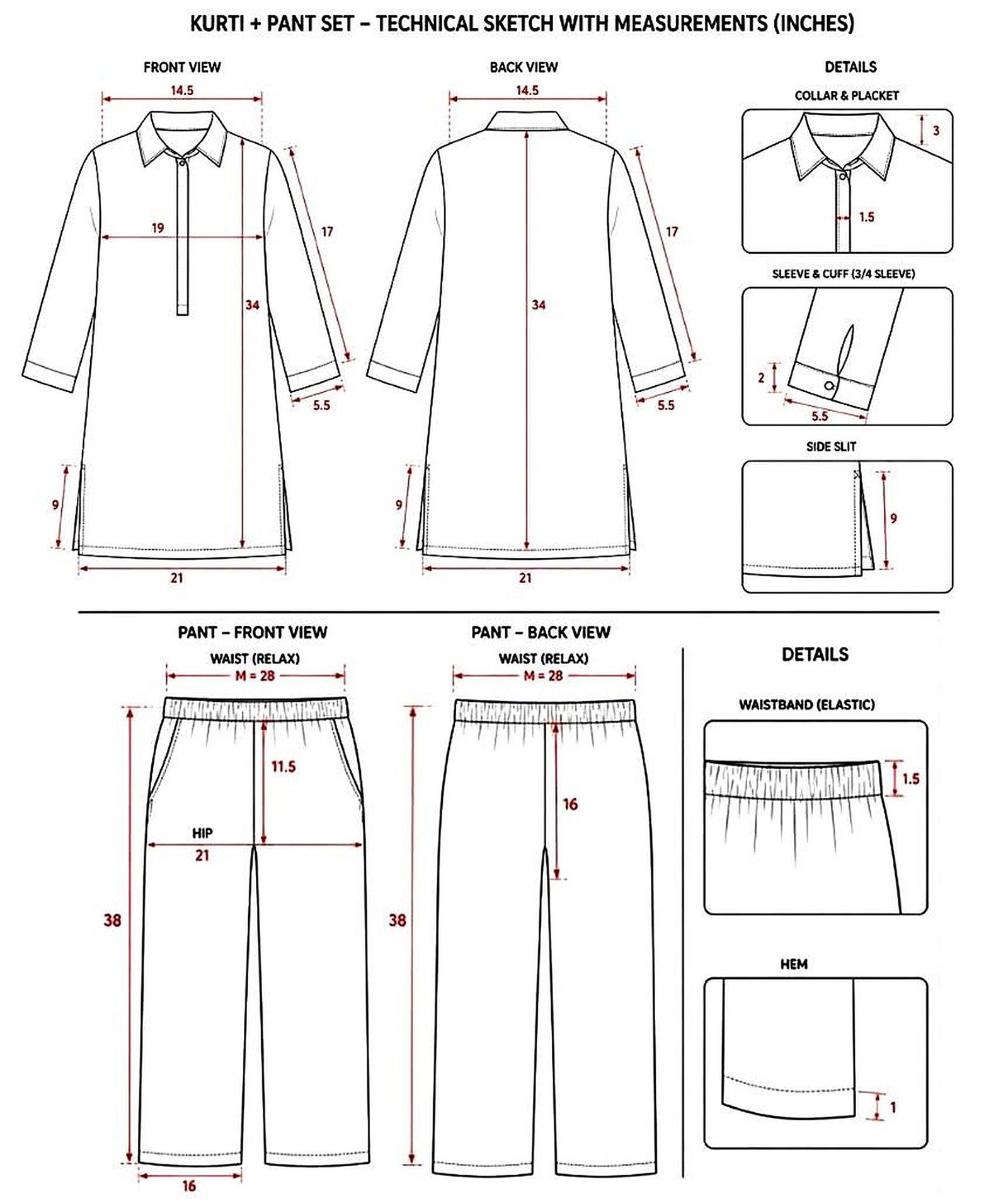UniPosh UPK2005 Kurti and Pant technical measurement sketch