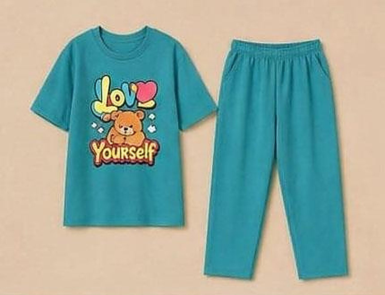 UniPosh UPK4001 Love Yourself Tee and Pant Set - Turquoise flat lay