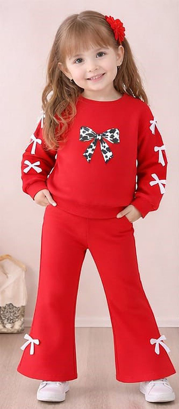UniPosh Bow Ribbon Lounge Set — Red, worn view
