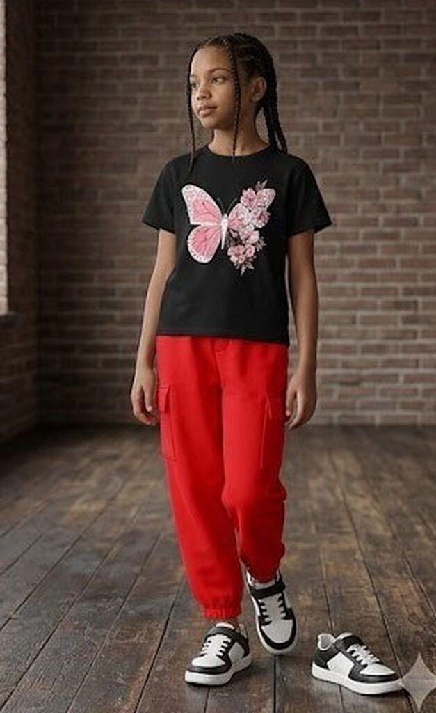 UniPosh Butterfly Graphic Tee & Cargo Jogger Set - Black / Red, worn view