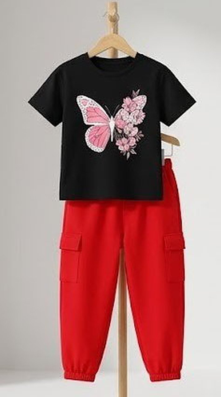 UniPosh Butterfly Graphic Tee & Cargo Jogger Set - Black / Red, flat lay view