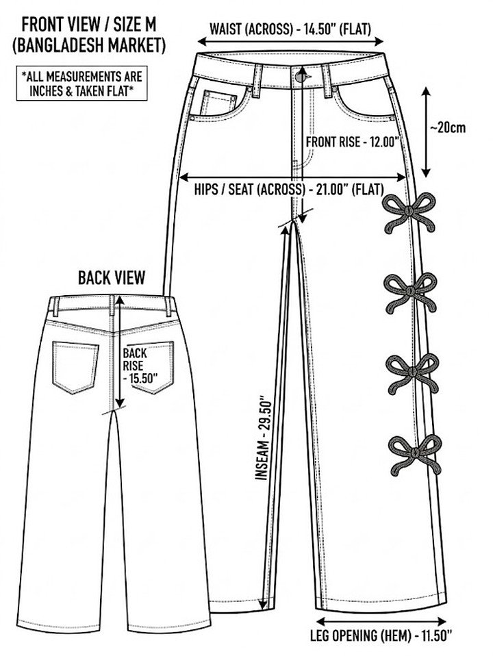 UniPosh Wide Leg Bow Embroidery Denim Pant - flat sketch with bow embroidery positions