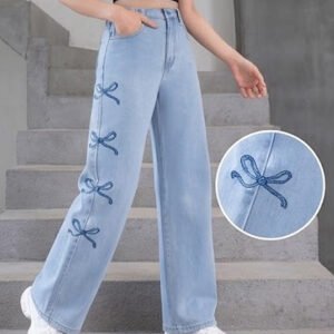 UniPosh Wide Leg Bow Embroidery Denim Pant - Light Blue with navy embroidery, worn view