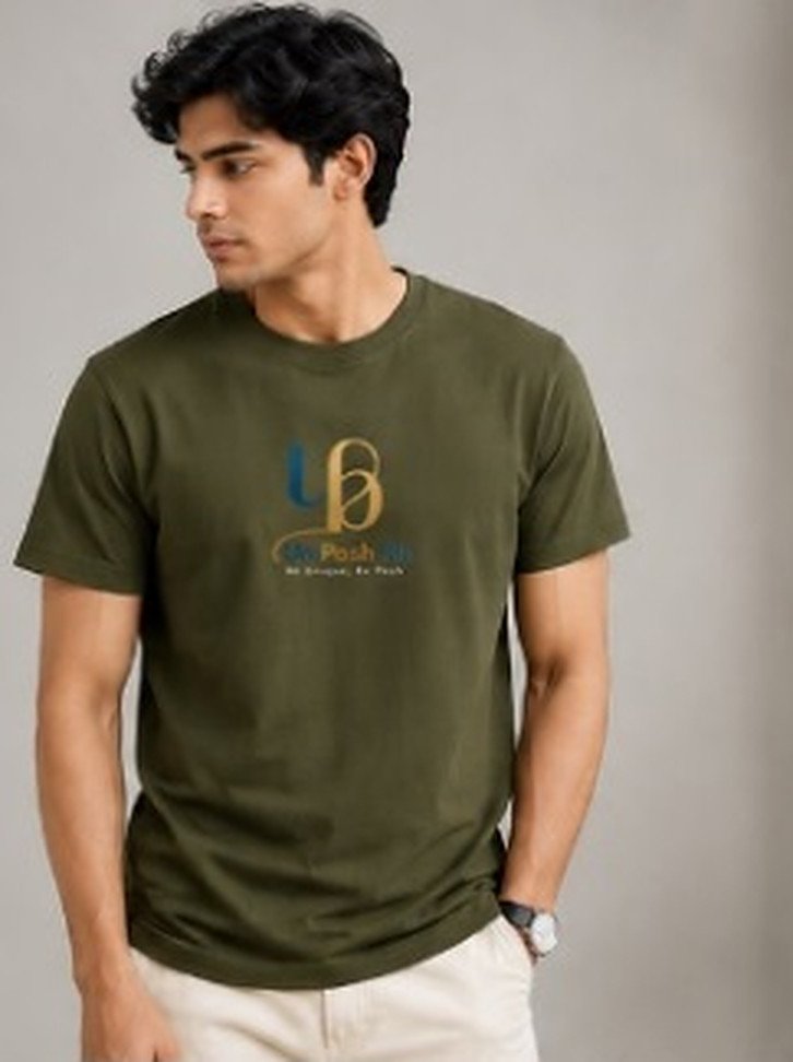 UniPosh Premium Men’s Basic Logo T-Shirt - Olive Green, worn view