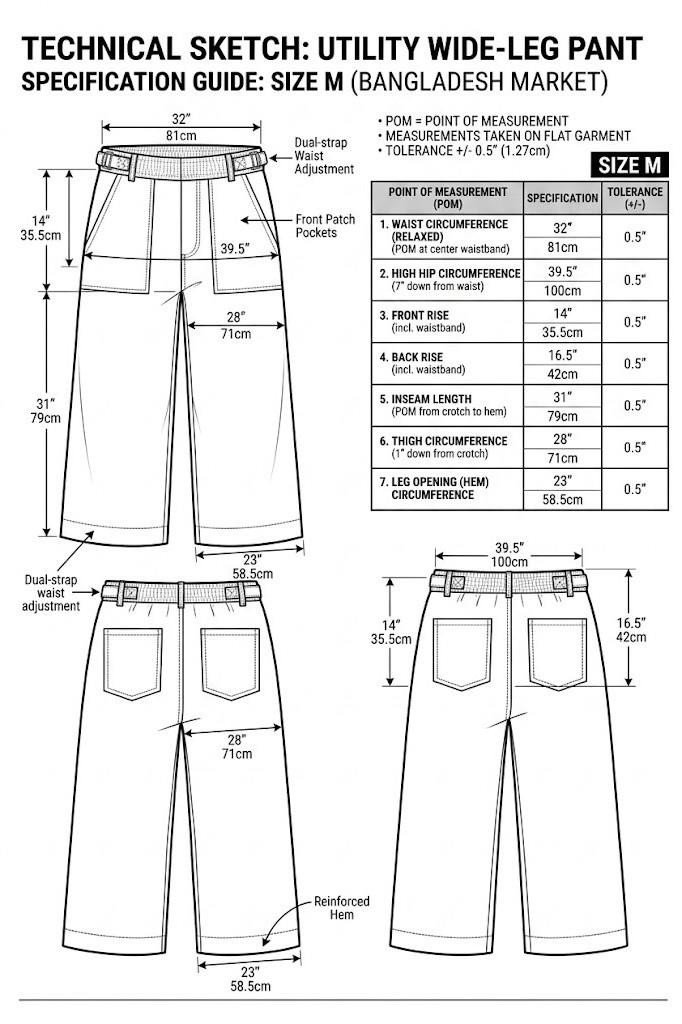 UniPosh Utility Wide-Leg Pant - technical sketch with front, back and measurements
